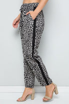 See And Be Seen Leopard Print Straight Leg Pants With Black Side Stripe In Grey-Bottoms-See And Be Seen-Deja Nu Boutique, Women's Fashion Boutique in Lampasas, Texas