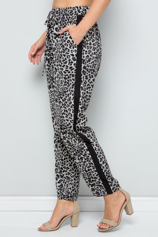 See And Be Seen Leopard Print Straight Leg Pants With Black Side Stripe In Grey-Bottoms-See And Be Seen-Deja Nu Boutique, Women's Fashion Boutique in Lampasas, Texas