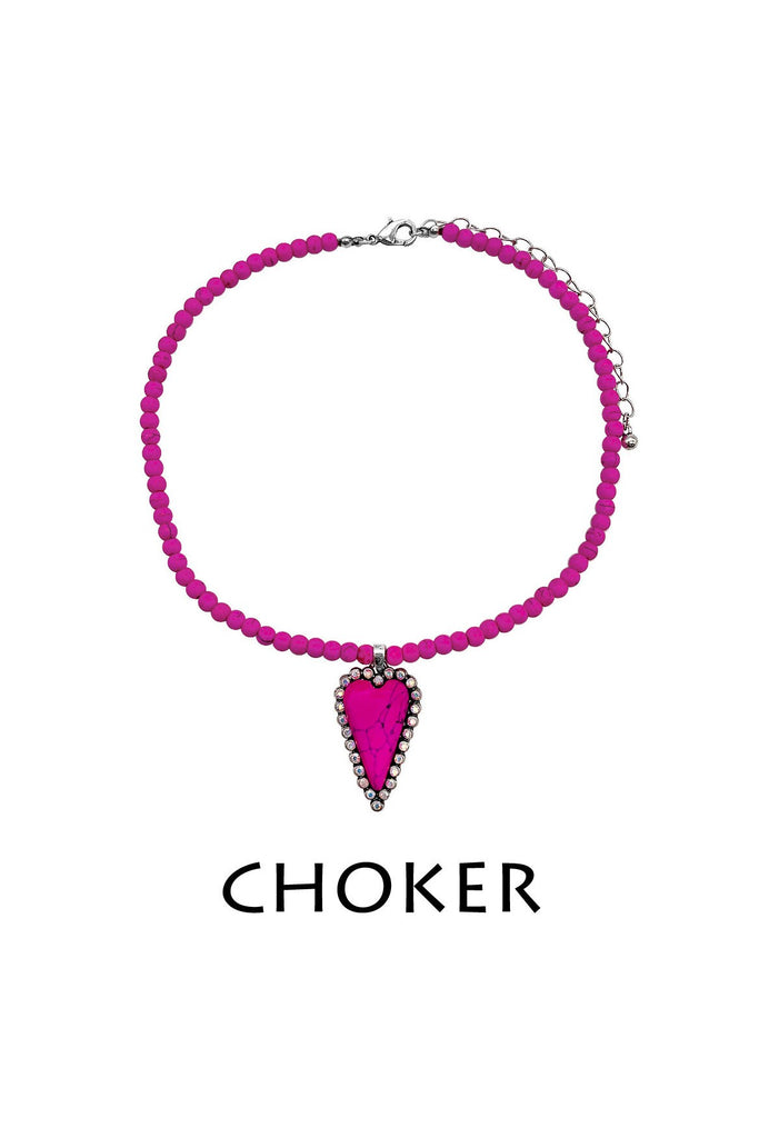 Semi Genuine Hot Pink Stone Heart Pendant Chocker With Rhinestones-Necklaces-Deja Nu-Deja Nu Boutique, Women's Fashion Boutique in Lampasas, Texas