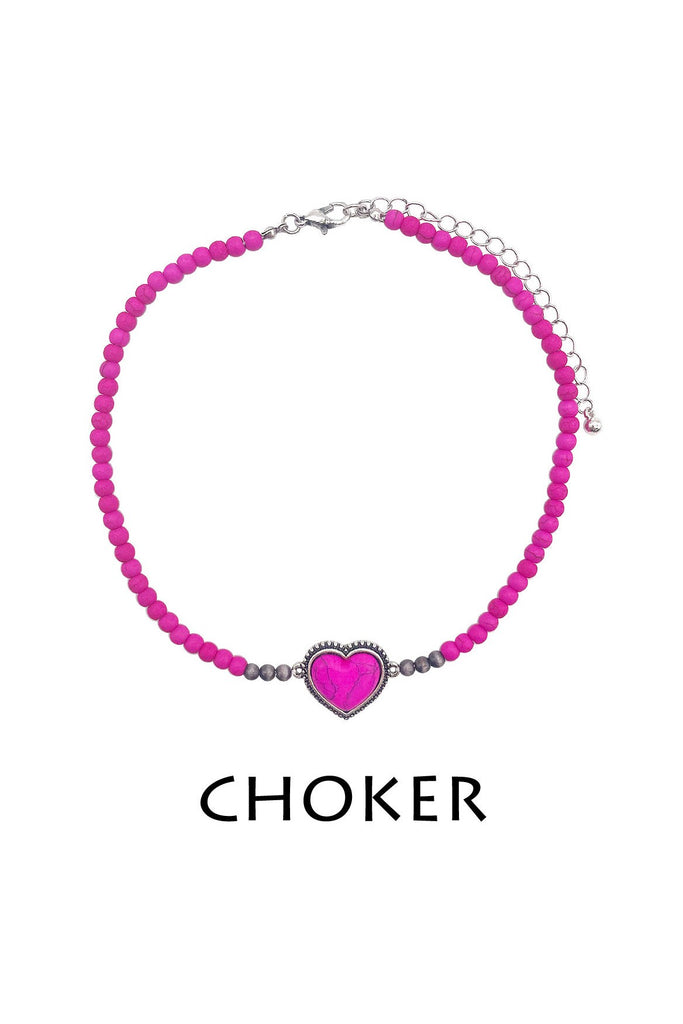Semi Genuine Hot Pink Stone Heart Pendant Chocker-Necklaces-Deja Nu-Deja Nu Boutique, Women's Fashion Boutique in Lampasas, Texas