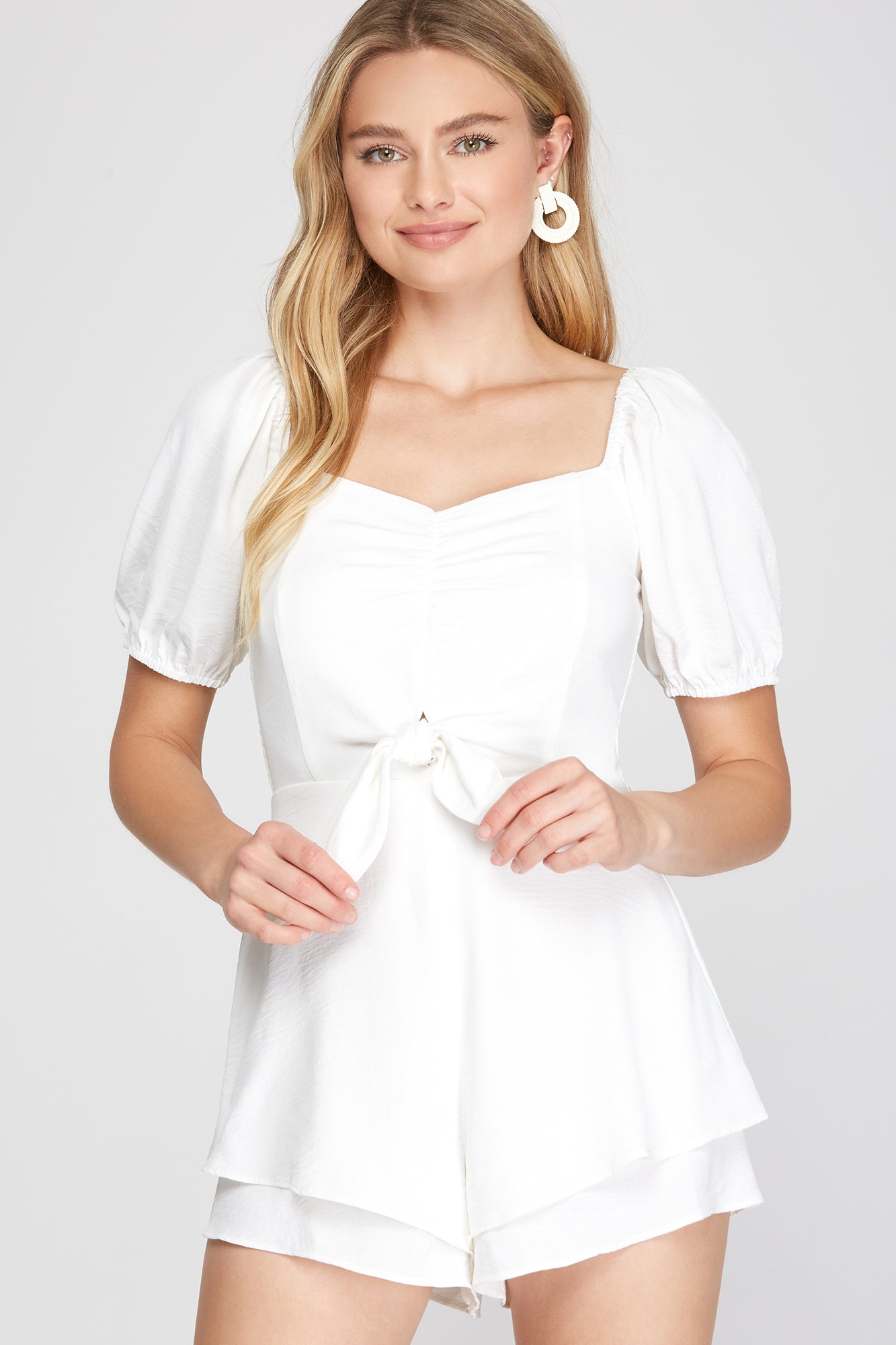 She And Sky Cami Tube Top Woven Romper With Wrap And Ruffled Hem In White-Skirts-She And Sky-Deja Nu Boutique, Women's Fashion Boutique in Lampasas, Texas