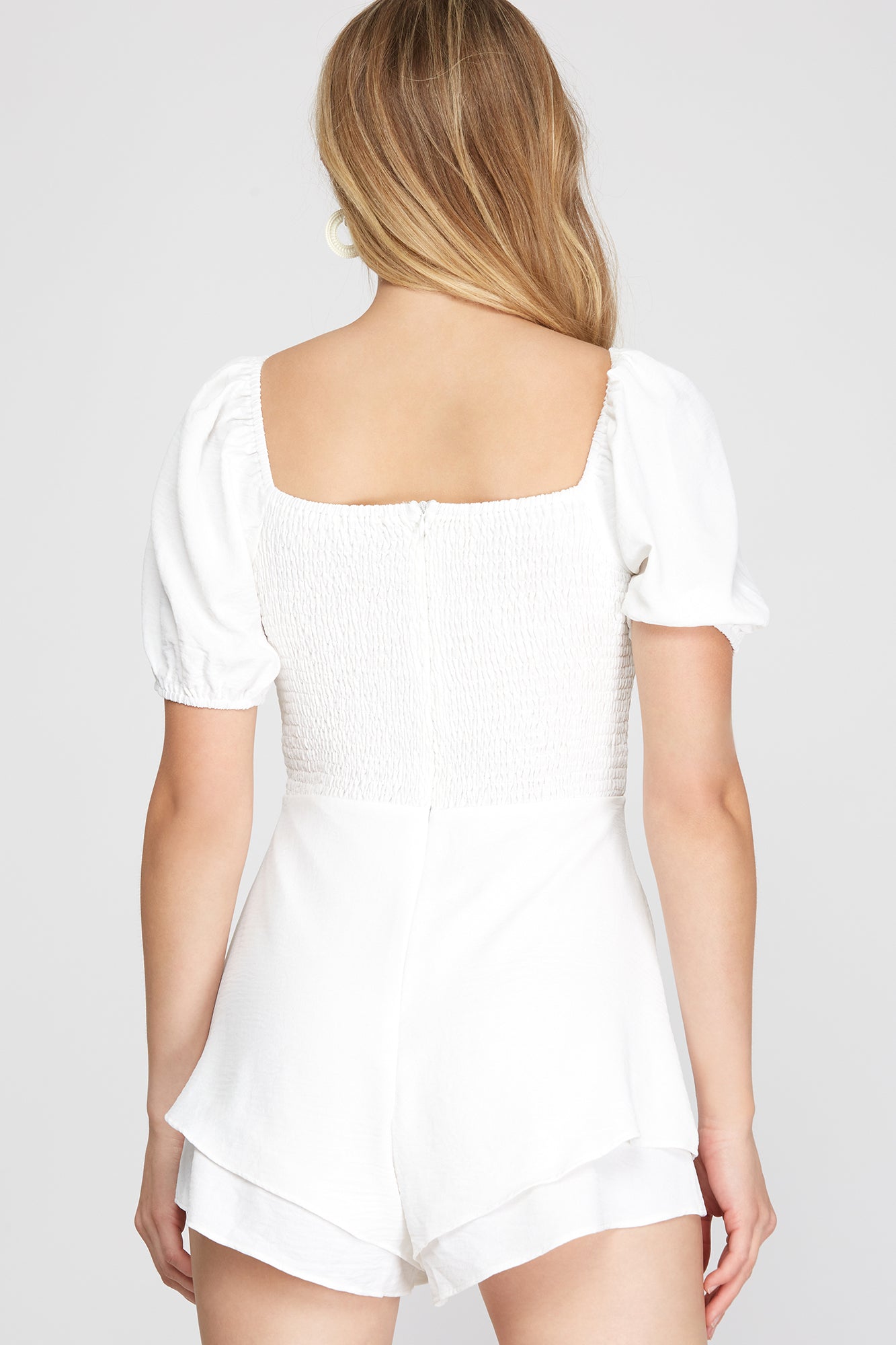 She And Sky Cami Tube Top Woven Romper With Wrap And Ruffled Hem In White-Skirts-She And Sky-Deja Nu Boutique, Women's Fashion Boutique in Lampasas, Texas