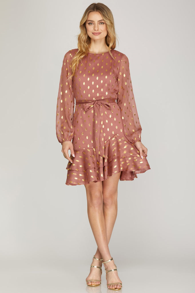 She And Sky Gold-Dot Chiffon Dress With Ruffled Hem In Dusty Rose-Short Dresses-She And Sky-Deja Nu Boutique, Women's Fashion Boutique in Lampasas, Texas
