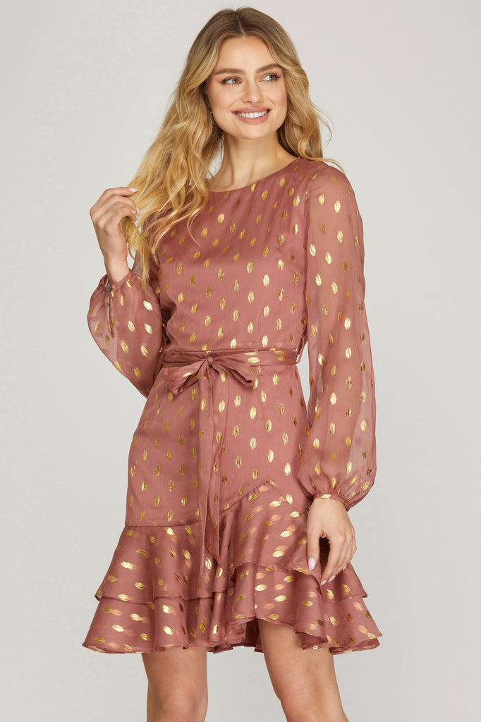 She And Sky Gold-Dot Chiffon Dress With Ruffled Hem In Dusty Rose-Short Dresses-She And Sky-Deja Nu Boutique, Women's Fashion Boutique in Lampasas, Texas