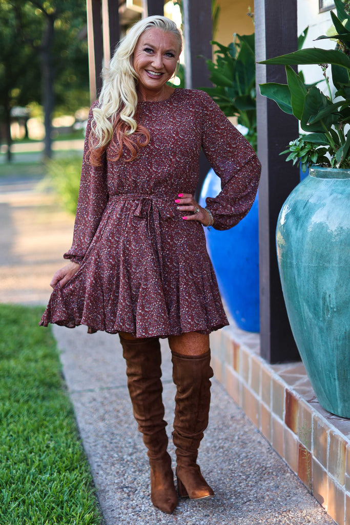 She And Sky Long Sleeve Burgundy Print Dress With Flutter Bottom-Dresses-She And Sky-Deja Nu Boutique, Women's Fashion Boutique in Lampasas, Texas