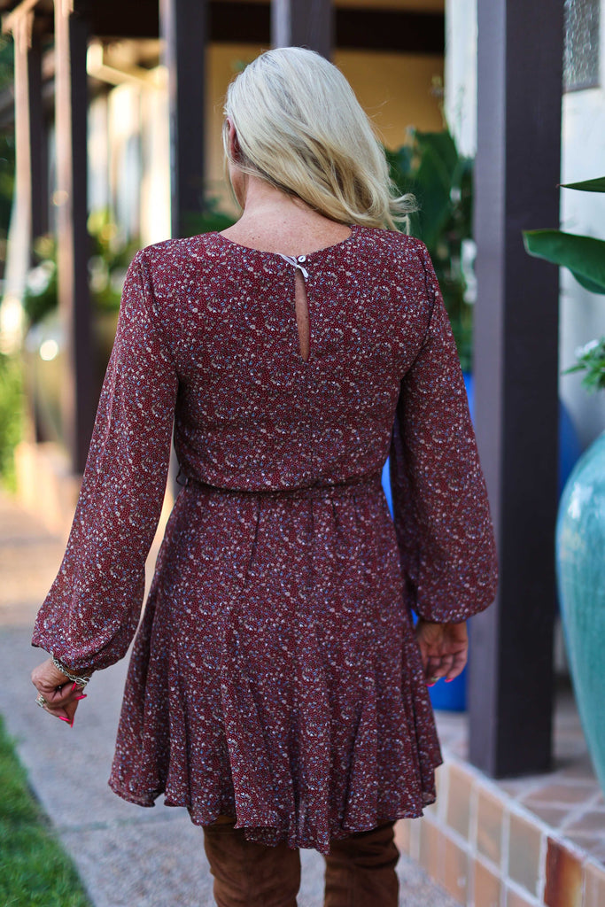 She And Sky Long Sleeve Burgundy Print Dress With Flutter Bottom-Dresses-She And Sky-Deja Nu Boutique, Women's Fashion Boutique in Lampasas, Texas