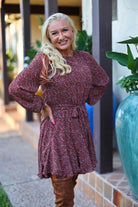 She And Sky Long Sleeve Burgundy Print Dress With Flutter Bottom-Dresses-She And Sky-Deja Nu Boutique, Women's Fashion Boutique in Lampasas, Texas