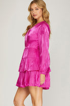 She And Sky Long Sleeve Silky Woven Surplice Tiered Dress In Fuchsia-Short Dresses-She And Sky-Deja Nu Boutique, Women's Fashion Boutique in Lampasas, Texas