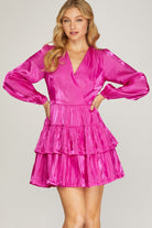 She And Sky Long Sleeve Silky Woven Surplice Tiered Dress In Fuchsia-Short Dresses-She And Sky-Deja Nu Boutique, Women's Fashion Boutique in Lampasas, Texas