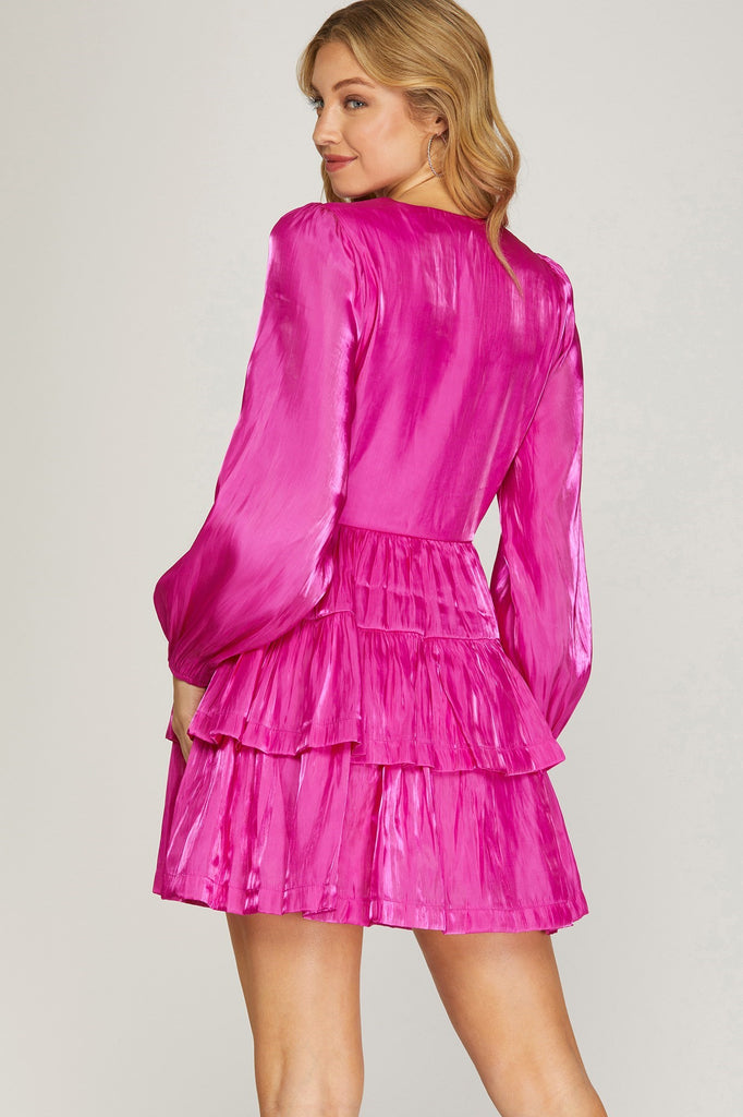 She And Sky Long Sleeve Silky Woven Surplice Tiered Dress In Fuchsia-Short Dresses-She And Sky-Deja Nu Boutique, Women's Fashion Boutique in Lampasas, Texas