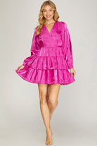 She And Sky Long Sleeve Silky Woven Surplice Tiered Dress In Fuchsia-Short Dresses-She And Sky-Deja Nu Boutique, Women's Fashion Boutique in Lampasas, Texas