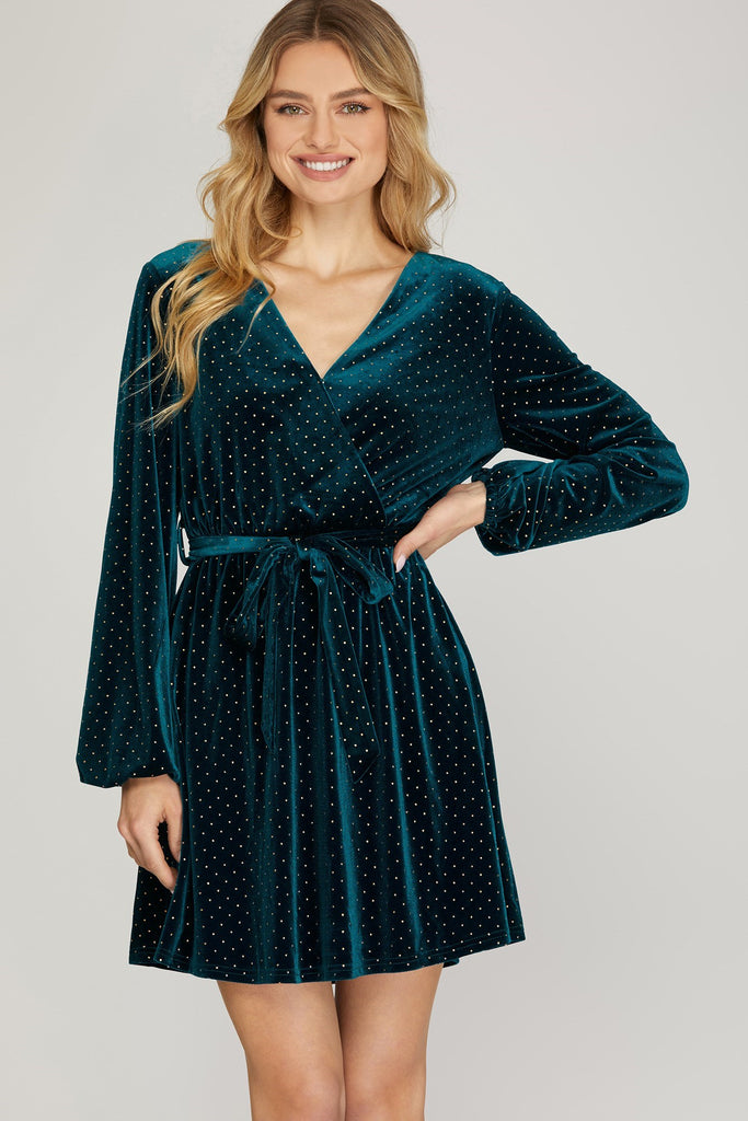 She And Sky Surplice Dress With Gold-Dot Detail In Teal Green Velvet-Short Dresses-She And Sky-Deja Nu Boutique, Women's Fashion Boutique in Lampasas, Texas