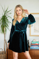 She And Sky Surplice Dress With Gold-Dot Detail In Teal Green Velvet-Short Dresses-She And Sky-Deja Nu Boutique, Women's Fashion Boutique in Lampasas, Texas