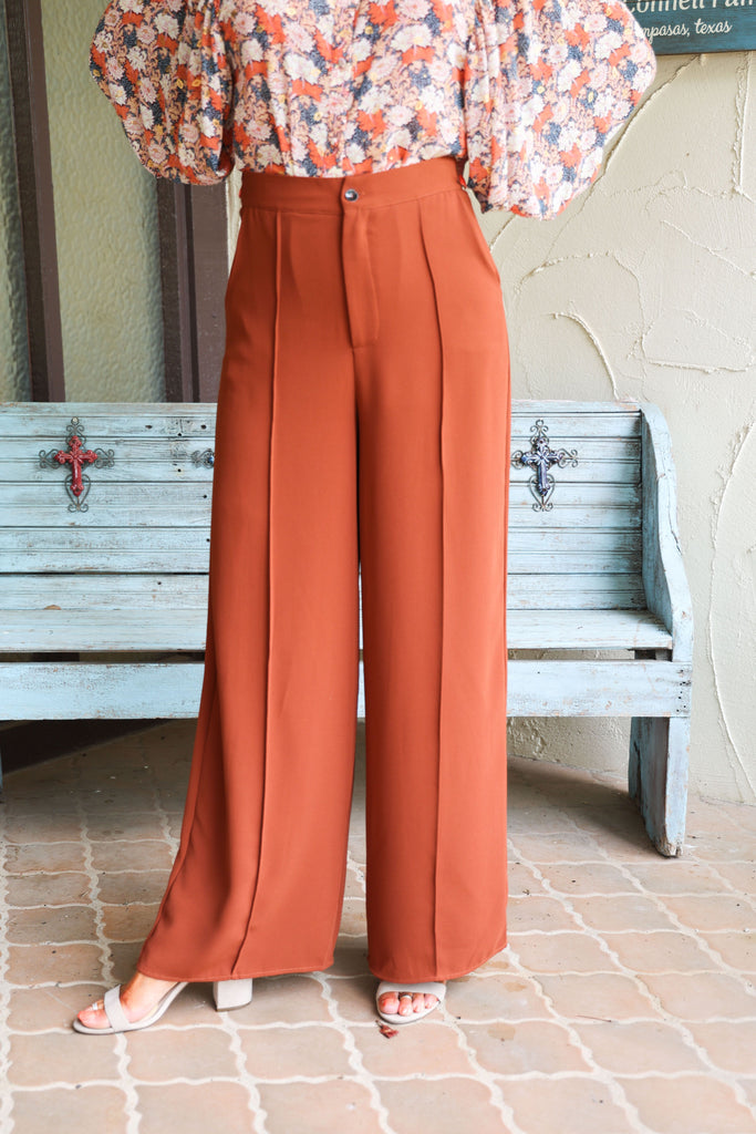 She And Sky Woven Wide Pants With Pintuck And Side Pockets In Caramel-Pants-She And Sky-Deja Nu Boutique, Women's Fashion Boutique in Lampasas, Texas