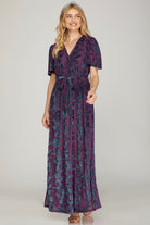 She + Sky Flutter Short Sleeve Surplice Velvet Maxi Dress With Side Slits In Eggplant-Maxi Dresses-She And Sky-Deja Nu Boutique, Women's Fashion Boutique in Lampasas, Texas