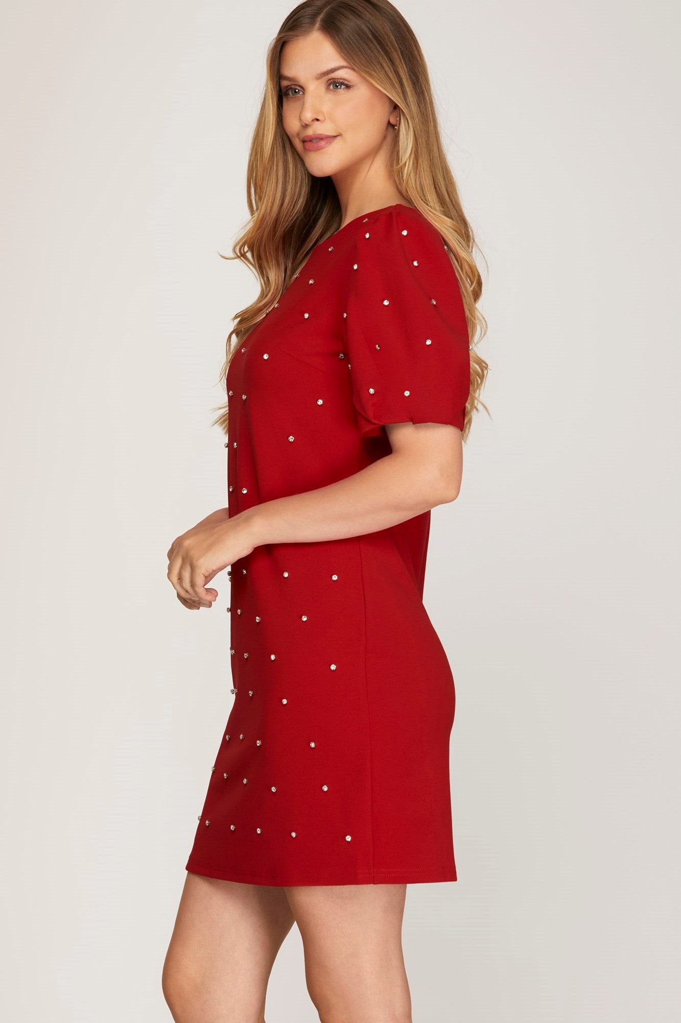 She + Sky Scattered Rhinestone Trim Short Dress In Red-Dresses-She And Sky-Deja Nu Boutique, Women's Fashion Boutique in Lampasas, Texas