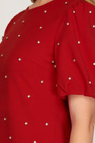 She + Sky Scattered Rhinestone Trim Short Dress In Red-Dresses-She And Sky-Deja Nu Boutique, Women's Fashion Boutique in Lampasas, Texas