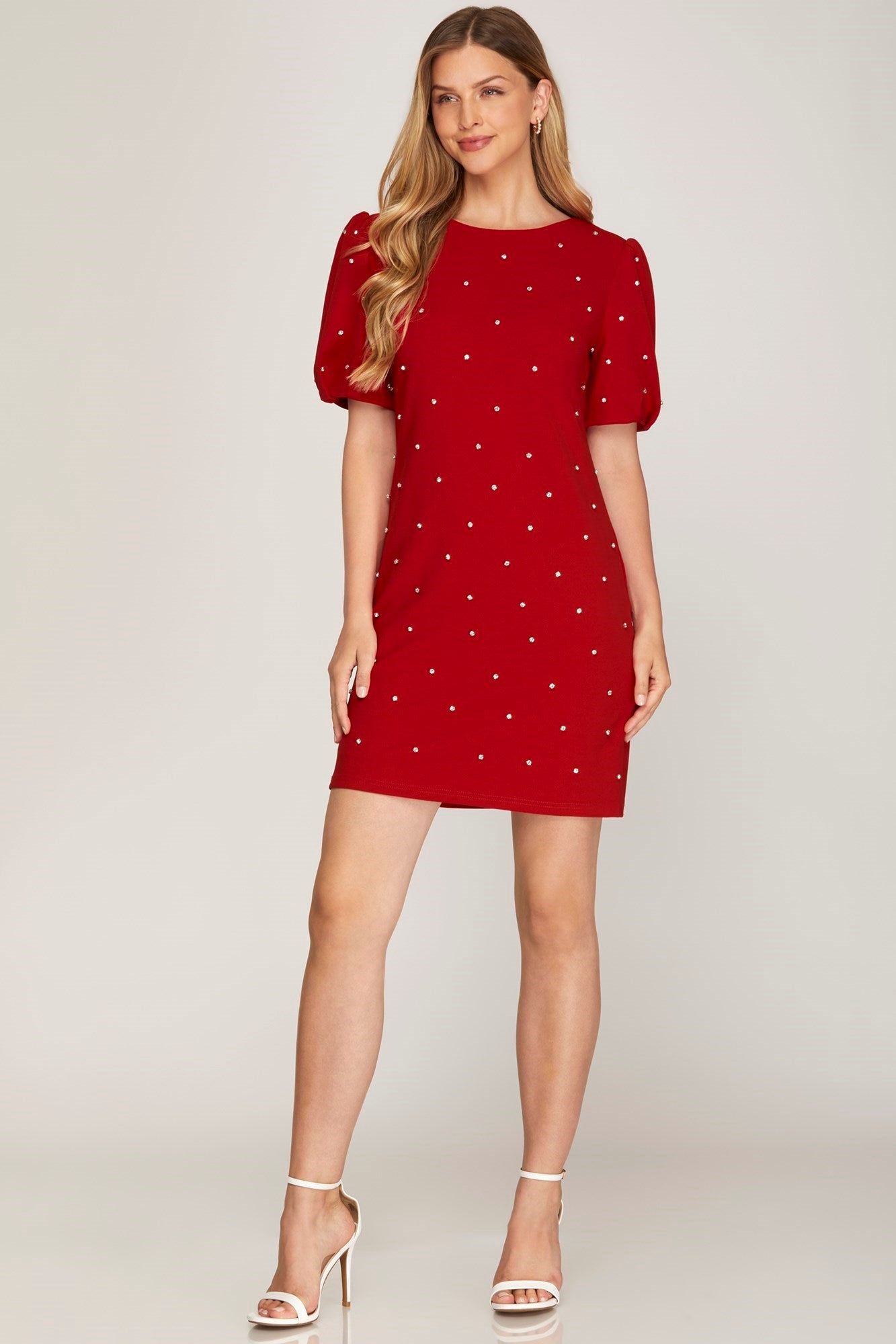 She + Sky Scattered Rhinestone Trim Short Dress In Red-Dresses-She And Sky-Deja Nu Boutique, Women's Fashion Boutique in Lampasas, Texas