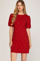 She + Sky Scattered Rhinestone Trim Short Dress In Red-Dresses-She And Sky-Deja Nu Boutique, Women's Fashion Boutique in Lampasas, Texas