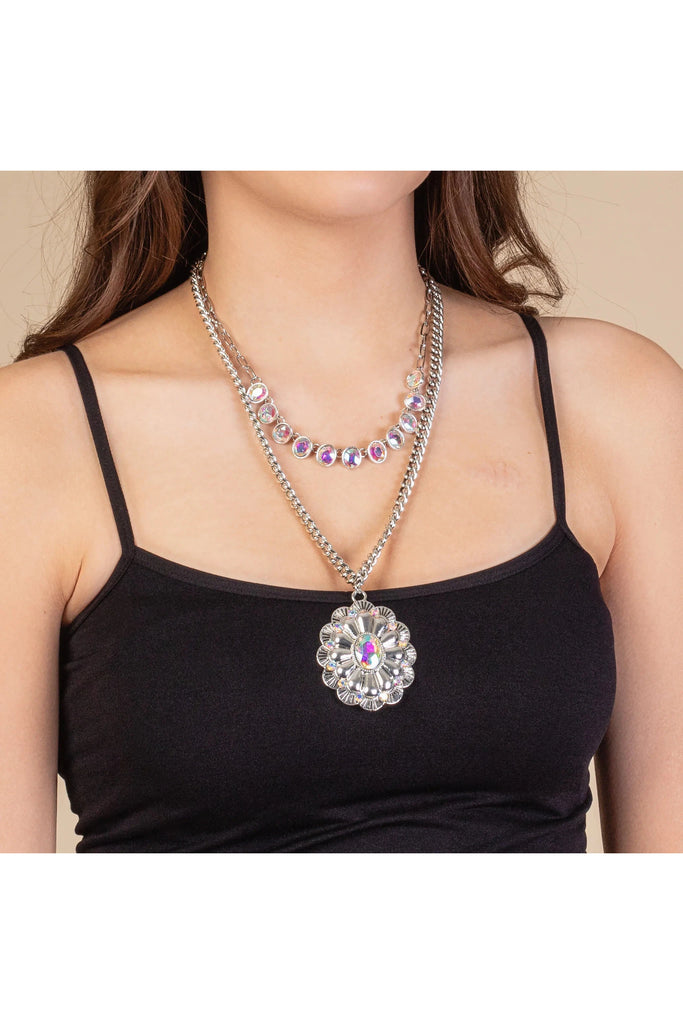 Silver AB Rhinestone Double Layered Necklace With Large Crystal Squash Blossom Necklace-Necklaces-Deja Nu-Deja Nu Boutique, Women's Fashion Boutique in Lampasas, Texas
