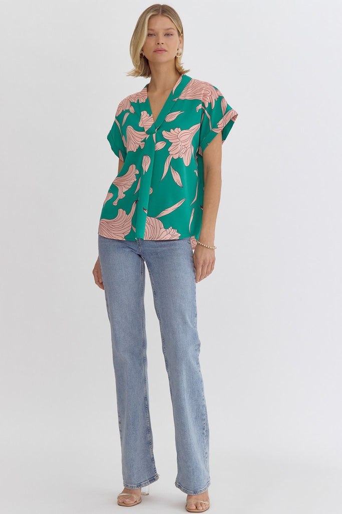 Sophisticated Florals: Entro Green Floral Light Peach Print V-Neck Blouse With Rolled Cuffs-Tops-Entro-Deja Nu Boutique, Women's Fashion Boutique in Lampasas, Texas
