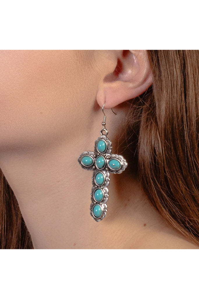 Southwestern Turquoise Cross Earrings Encased In Silver-Earrings-Deja Nu-Deja Nu Boutique, Women's Fashion Boutique in Lampasas, Texas