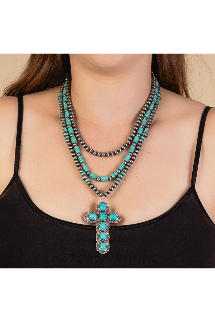 Squash Blossom Turquoise Layered Cross Necklace Set-Necklaces-Deja Nu-Deja Nu Boutique, Women's Fashion Boutique in Lampasas, Texas