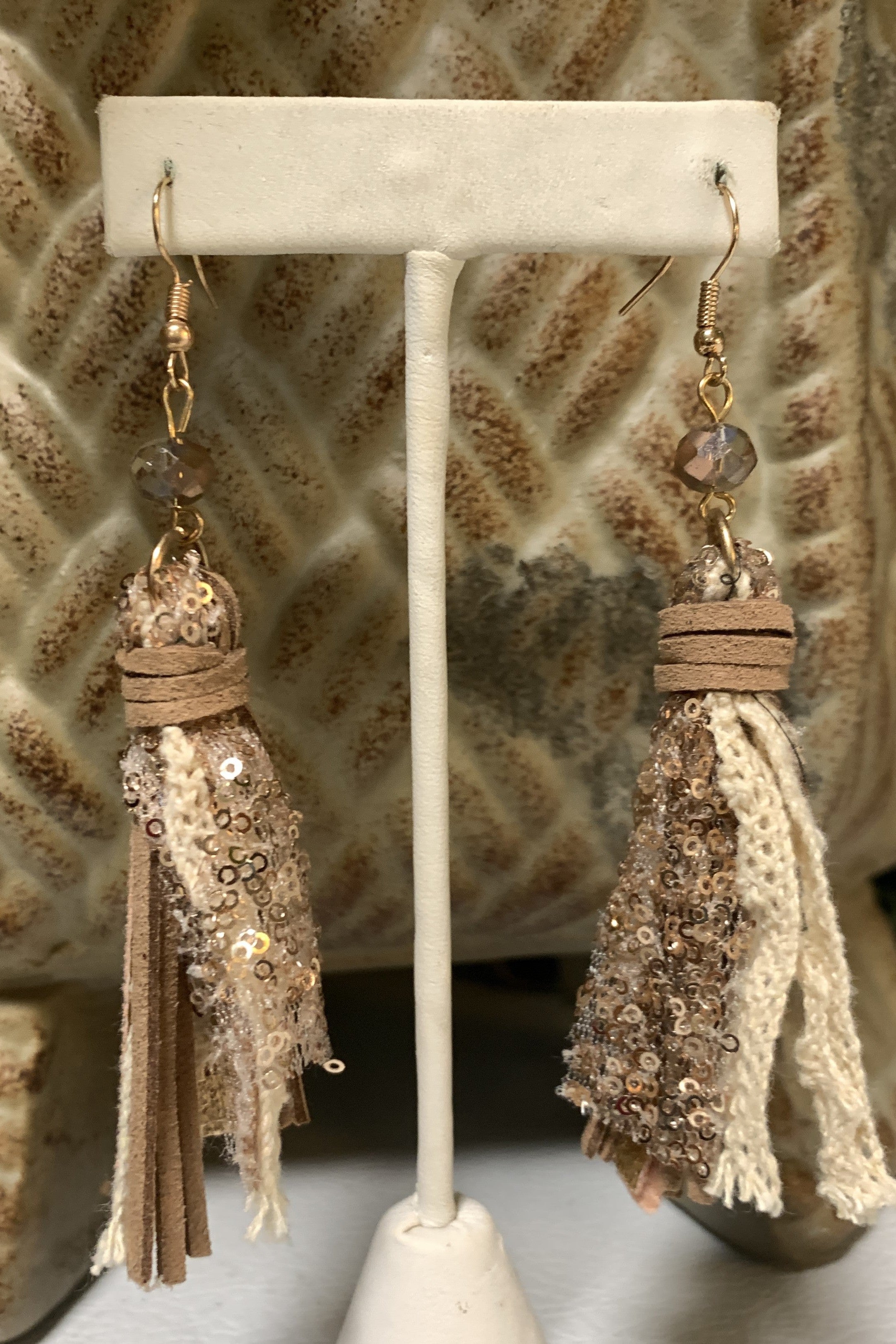 Sunshine And Rodeos Rose Gold Leather Lace And Sequin Earrings-Earrings-Sunshine And Rodeo-Deja Nu Boutique, Women's Fashion Boutique in Lampasas, Texas