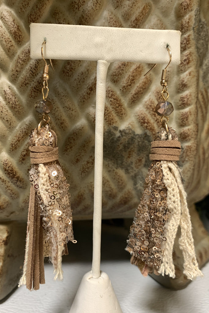 Sunshine And Rodeos Rose Gold Leather Lace And Sequin Earrings-Earrings-Sunshine And Rodeo-Deja Nu Boutique, Women's Fashion Boutique in Lampasas, Texas