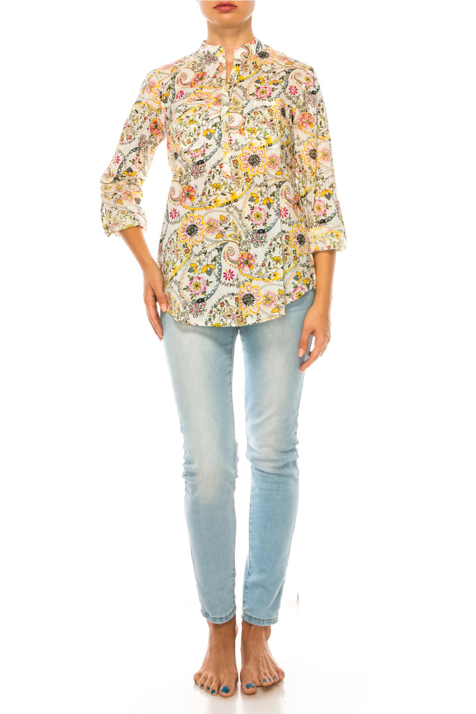 Sunshine Blooms: Magazine Bright Yellow & Ivory Floral Paisley Tunic-Tops-Magazine Clothing-Deja Nu Boutique, Women's Fashion Boutique in Lampasas, Texas