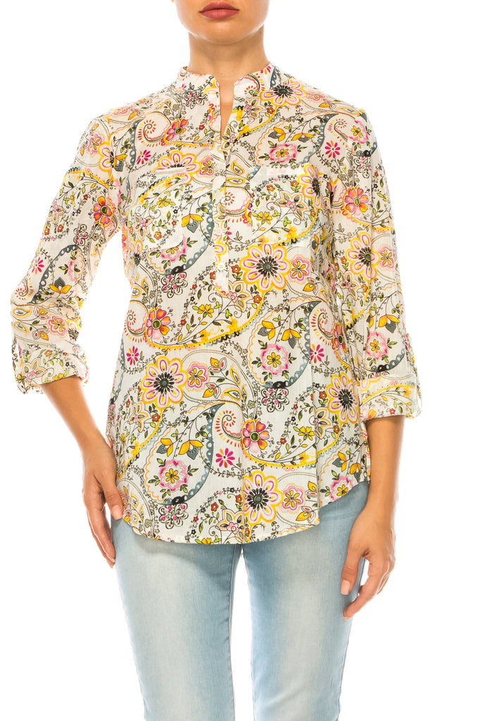 Sunshine Blooms: Magazine Bright Yellow & Ivory Floral Paisley Tunic-Tops-Magazine Clothing-Deja Nu Boutique, Women's Fashion Boutique in Lampasas, Texas