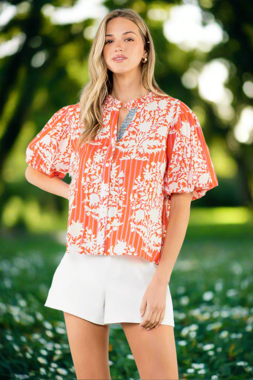 THML Coral Botanical Stripe Puff Sleeve Blouse-Tops-THML-Deja Nu Boutique, Women's Fashion Boutique in Lampasas, Texas