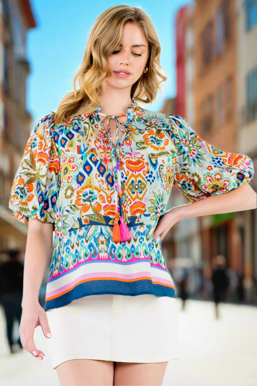 THML Ginny Puff Sleeve Floral Top - Vibrant Boho Blouse-Tops-THML-Deja Nu Boutique, Women's Fashion Boutique in Lampasas, Texas