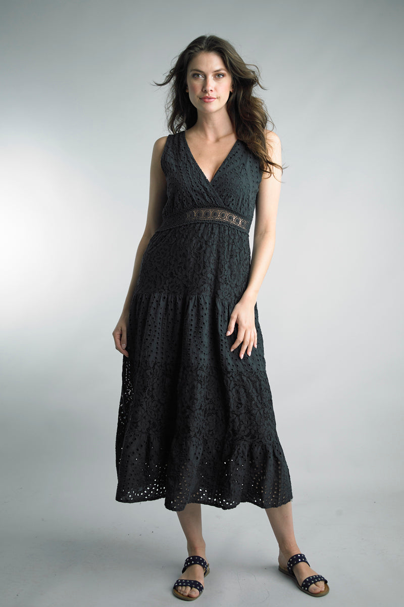 Tempo Black Eyelet Long Maxi Dress-Maxi Dresses-Tempo Paris-Deja Nu Boutique, Women's Fashion Boutique in Lampasas, Texas