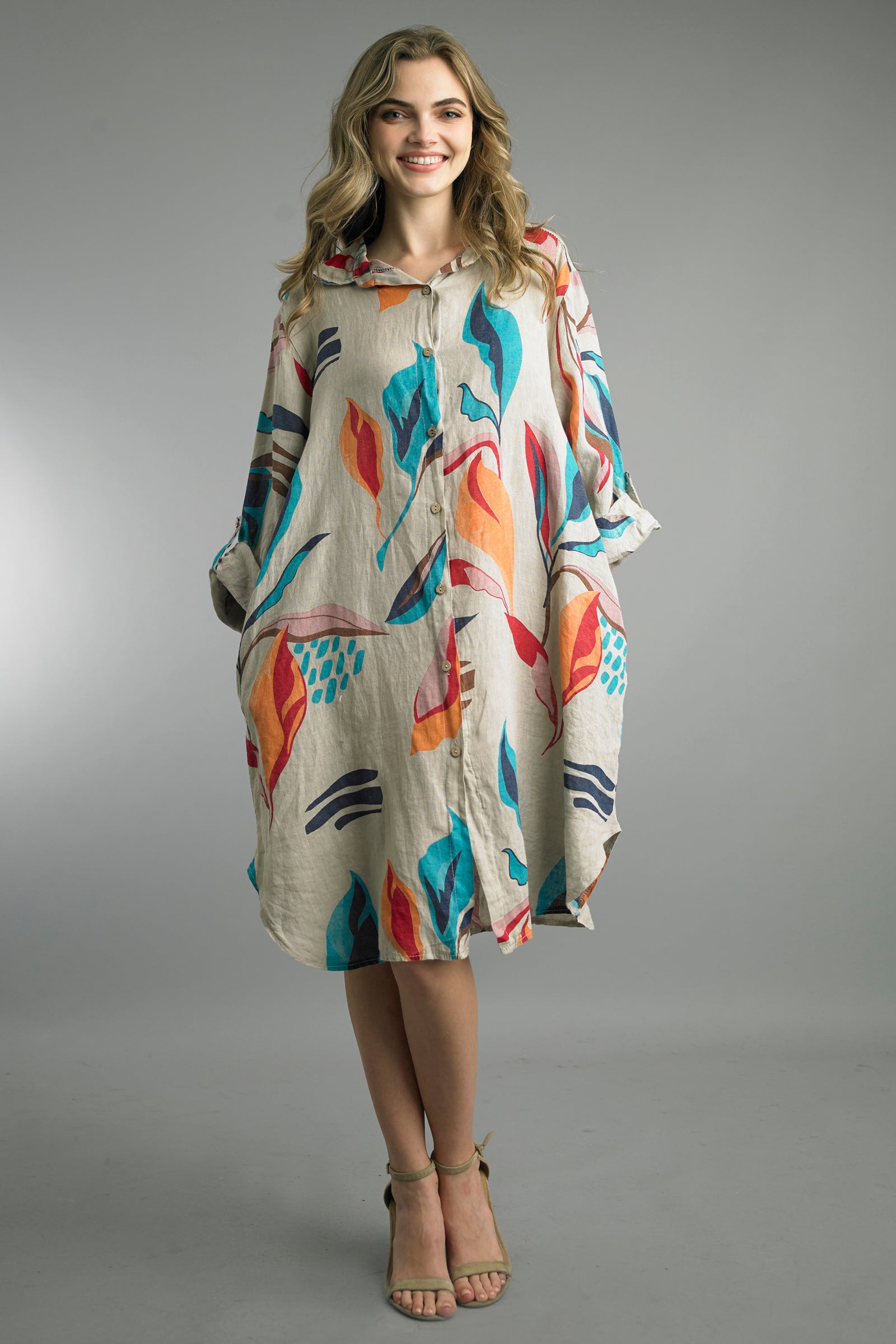 Tempo Paris Beige Abstract Linen Tunic Dress – Made in Italy-Dresses-Tempo Paris-Deja Nu Boutique, Women's Fashion Boutique in Lampasas, Texas