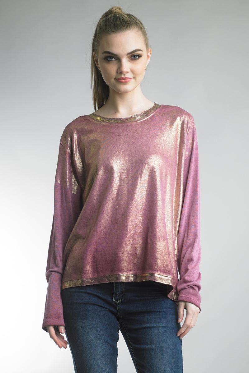 Tempo Paris Bordeaux Gold Painted Long Sleeve Tee-Tops-Tempo Paris-Deja Nu Boutique, Women's Fashion Boutique in Lampasas, Texas