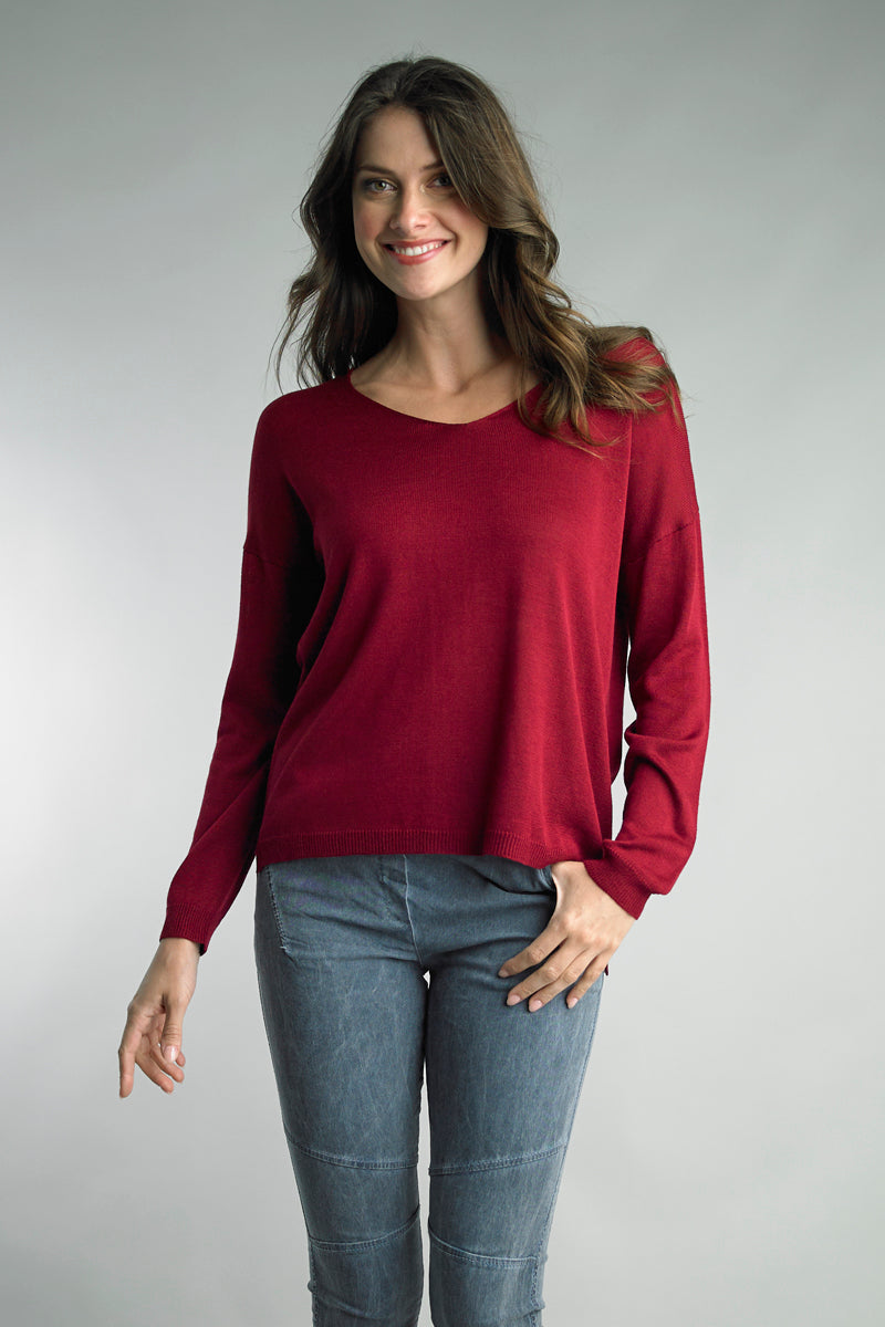 Tempo Paris Bordeaux V Neck Knit Sweater-Sweaters-Tempo Paris-Deja Nu Boutique, Women's Fashion Boutique in Lampasas, Texas