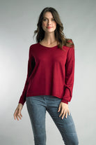 Tempo Paris Bordeaux V Neck Knit Sweater-Sweaters-Tempo Paris-Deja Nu Boutique, Women's Fashion Boutique in Lampasas, Texas