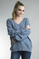 Tempo Paris V-Neckline Tunic Sweater With Front Seam Details In Blue-Sweaters-Tempo Paris-Deja Nu Boutique, Women's Fashion Boutique in Lampasas, Texas