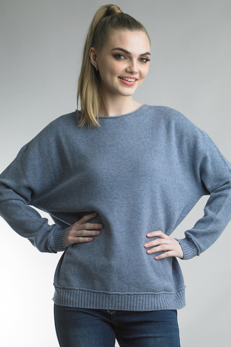 Tempo Paris Crew Neck Knit Sweater With Ribbed Hem And Cuffs In A Denim Blue Color-Sweaters-Tempo Paris-Deja Nu Boutique, Women's Fashion Boutique in Lampasas, Texas