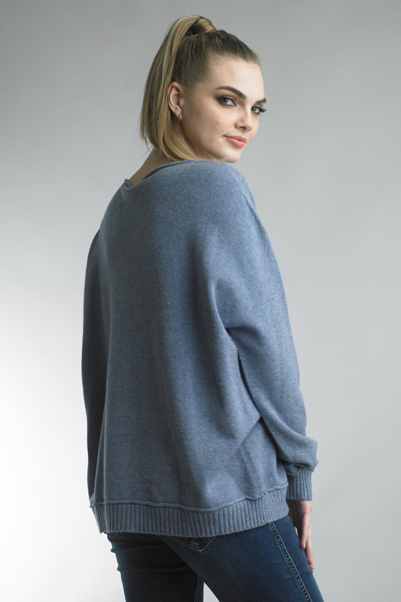 Tempo Paris Crew Neck Knit Sweater With Ribbed Hem And Cuffs In A Denim Blue Color-Sweaters-Tempo Paris-Deja Nu Boutique, Women's Fashion Boutique in Lampasas, Texas