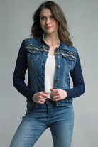 Tempo Paris Denim Jacket With Cobalt Sparkle Cable Knit Sleeve-Jackets-Tempo Paris-Deja Nu Boutique, Women's Fashion Boutique in Lampasas, Texas