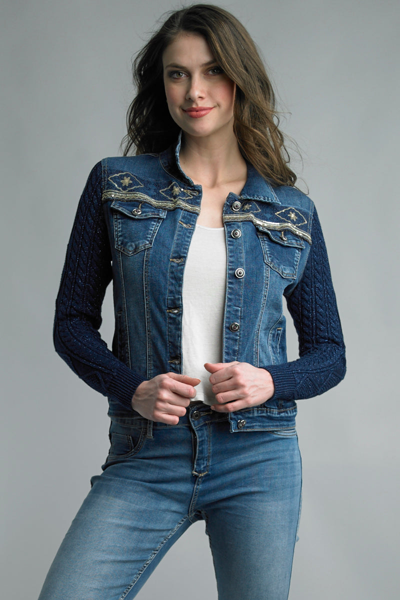 Tempo Paris Denim Jacket With Cobalt Sparkle Cable Knit Sleeve-Jackets-Tempo Paris-Deja Nu Boutique, Women's Fashion Boutique in Lampasas, Texas