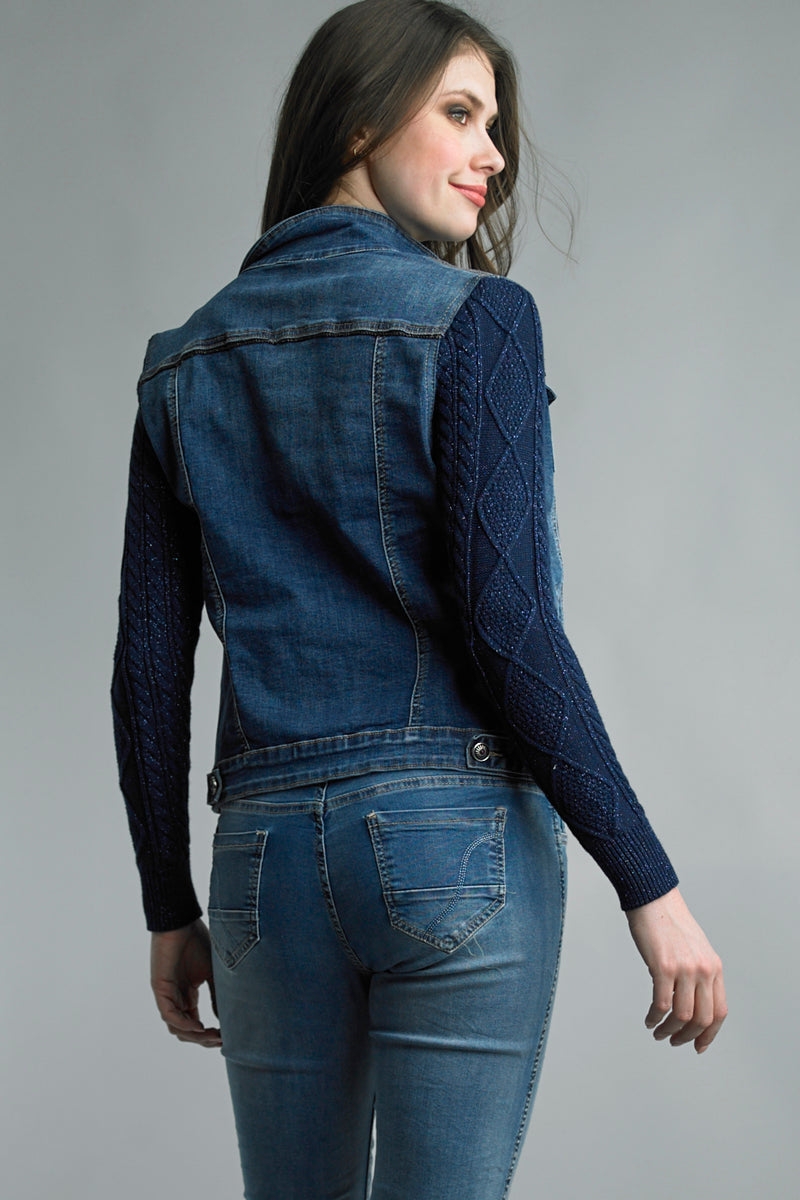 Tempo Paris Denim Jacket With Cobalt Sparkle Cable Knit Sleeve-Jackets-Tempo Paris-Deja Nu Boutique, Women's Fashion Boutique in Lampasas, Texas