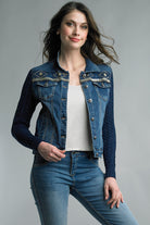 Tempo Paris Denim Jacket With Cobalt Sparkle Cable Knit Sleeve-Jackets-Tempo Paris-Deja Nu Boutique, Women's Fashion Boutique in Lampasas, Texas