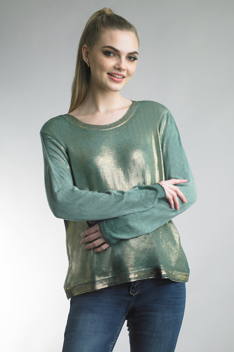 Tempo Paris Green Gold Painted Long Sleeve Tee-Tops-Tempo Paris-Deja Nu Boutique, Women's Fashion Boutique in Lampasas, Texas