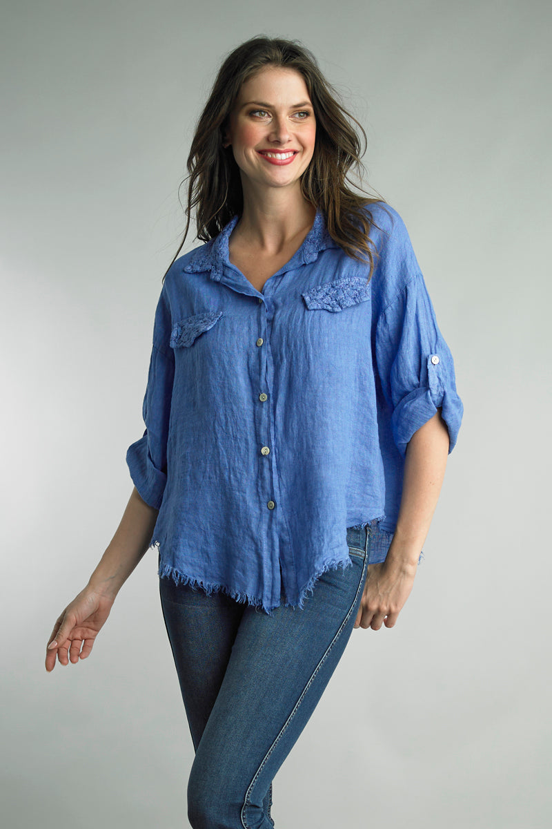 Tempo Paris Ink Linen Embroidered Detail Button Down Shirt-Tops-Tempo Paris-Deja Nu Boutique, Women's Fashion Boutique in Lampasas, Texas