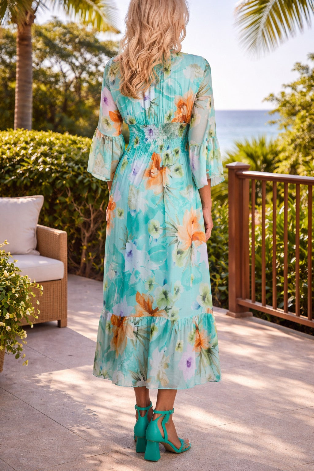 Tempo Paris Light Green Floral Smocked Silk Dress-Midi Dresses-Tempo Paris-Deja Nu Boutique, Women's Fashion Boutique in Lampasas, Texas