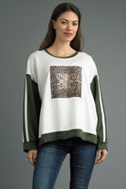 Tempo Paris Olive Animal Print Sweatshirt-Sweaters-Tempo Paris-Deja Nu Boutique, Women's Fashion Boutique in Lampasas, Texas