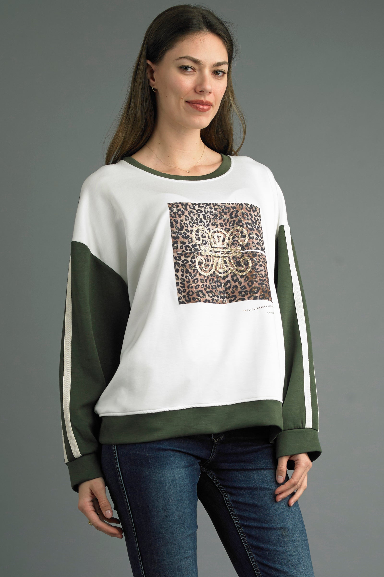 Tempo Paris Olive Animal Print Sweatshirt-Sweaters-Tempo Paris-Deja Nu Boutique, Women's Fashion Boutique in Lampasas, Texas